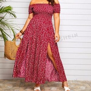 SHEIN Red and White Floral Shirred Split Dress